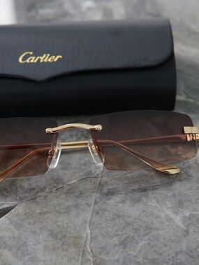 Cartier Gold Frame Brown Gradient Rimless Sunglasses